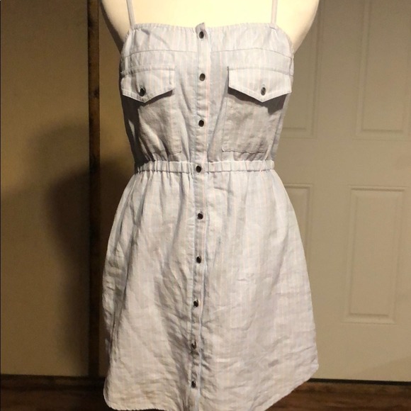 Blue Pink Pinstripe Button Down Mini Dress Elastic Waist Sun Dress Womens - Picture 3 of 4